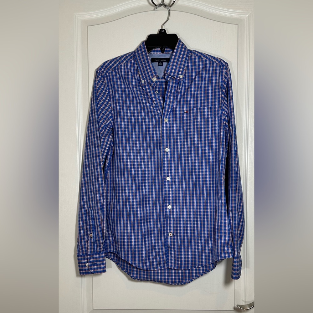 ♥️💙EUC💙♥️Tommy Hilfiger Men's Blue and Red Plaid Shirt